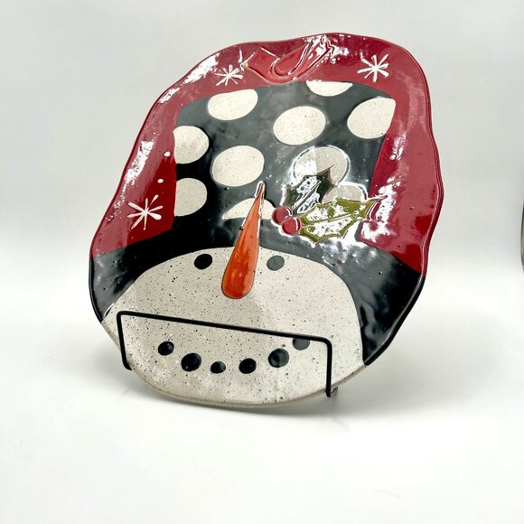 Festive Grasslands Road Snowman Ceramic Serving Platter With Polka Dot Hat & Hol - Picture 3 of 5
